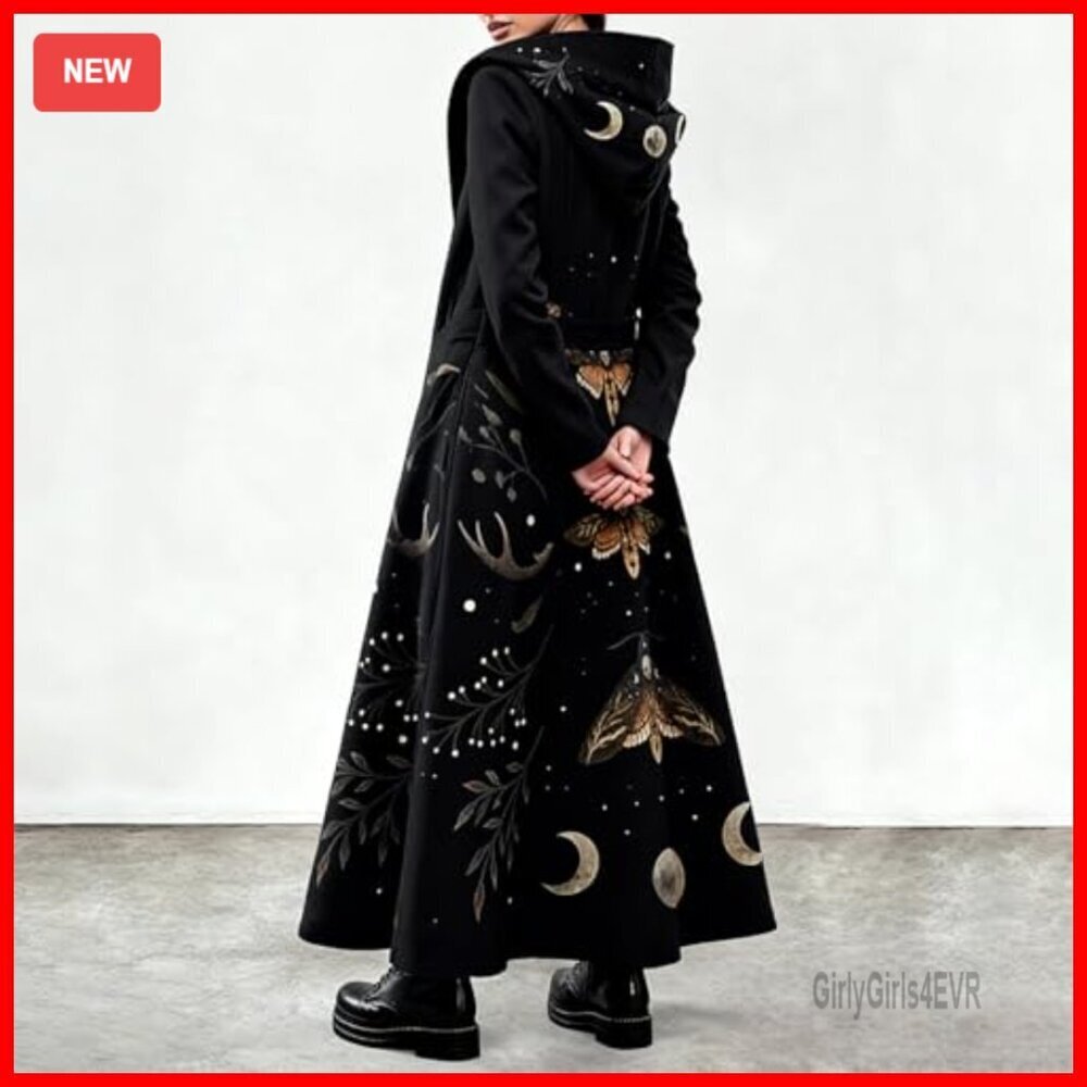Long Fleece Trench Coat with Hood Belted Peacoat Winter Gothic Style - Picture 4 of 7